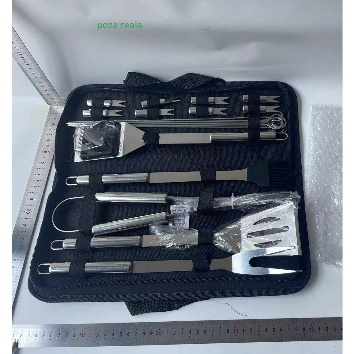 Set 20 Ustensile pentru Gratar, din Otel Inoxidabil, Geanta Oxford, Argintiu