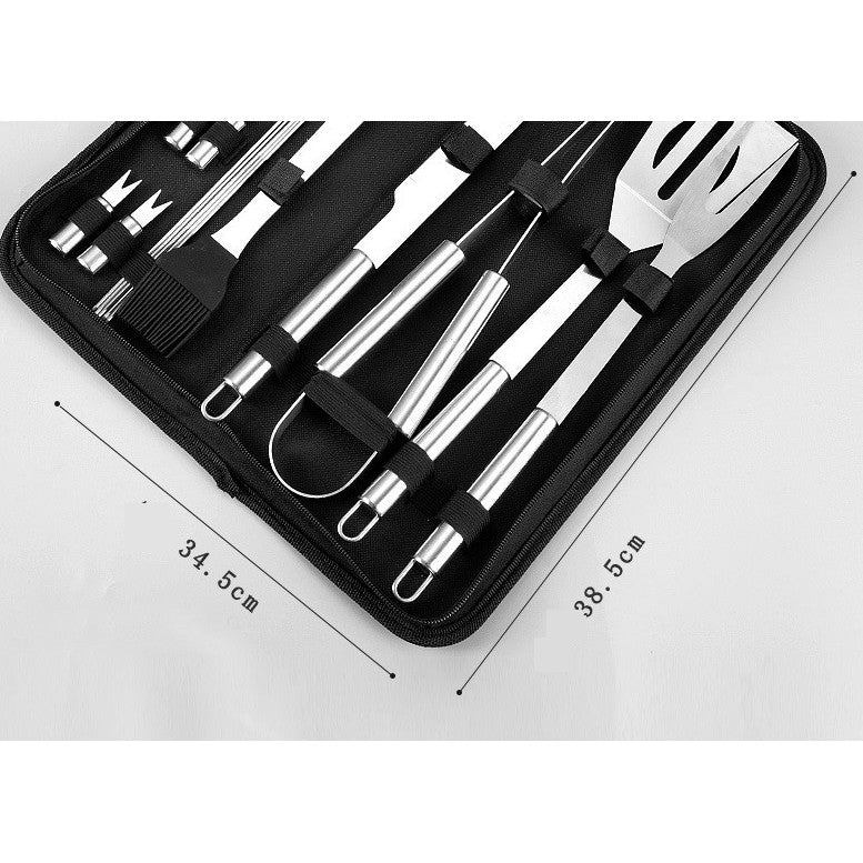 Set 20 Ustensile pentru Gratar, din Otel Inoxidabil, Geanta Oxford, Argintiu
