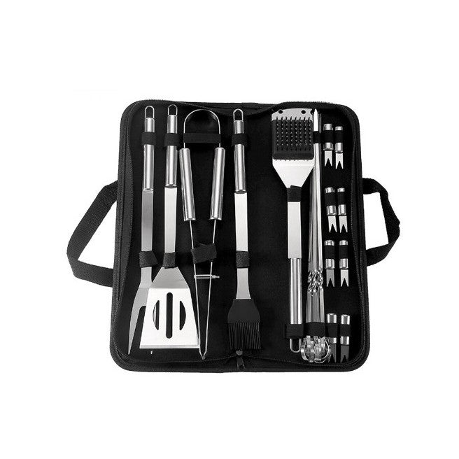 Set 20 Ustensile pentru Gratar, din Otel Inoxidabil, Geanta Oxford, Argintiu