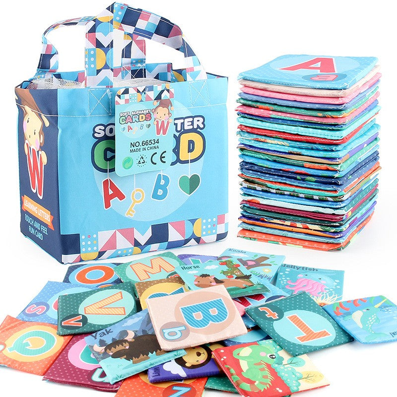 Set 26 Carduri din Panza cu Doua Fete, Model Litere, Educational, Interactiv, Saculet Inclus, Multicolor