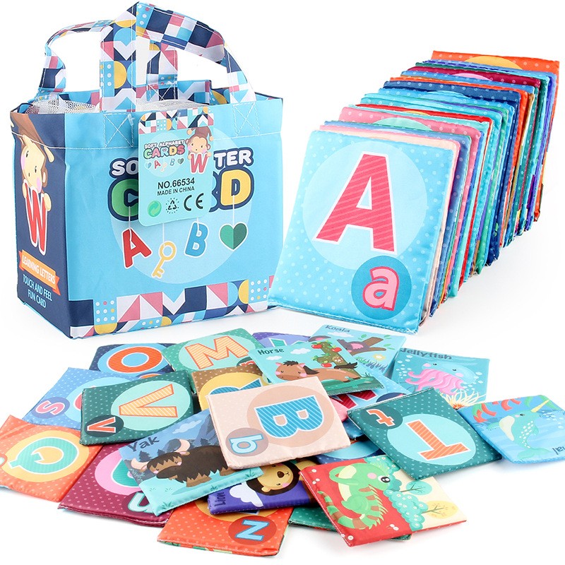 Set 26 Carduri din Panza cu Doua Fete, Model Litere, Educational, Interactiv, Saculet Inclus, Multicolor