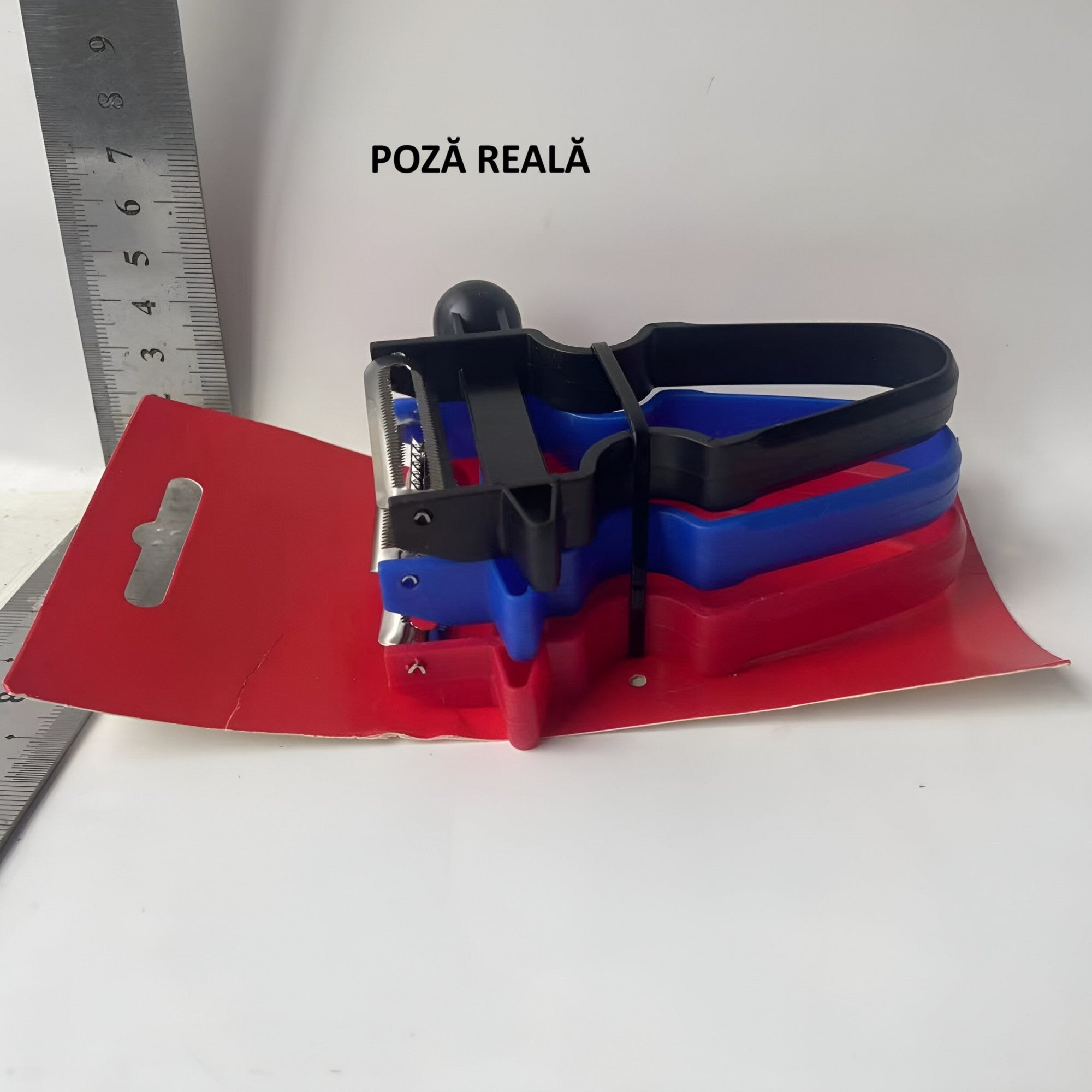 Set 3 Accesorii de Decojire, Razuire si Feliere, pentru Legume si Fructe, Negru-Rosu-Albastru