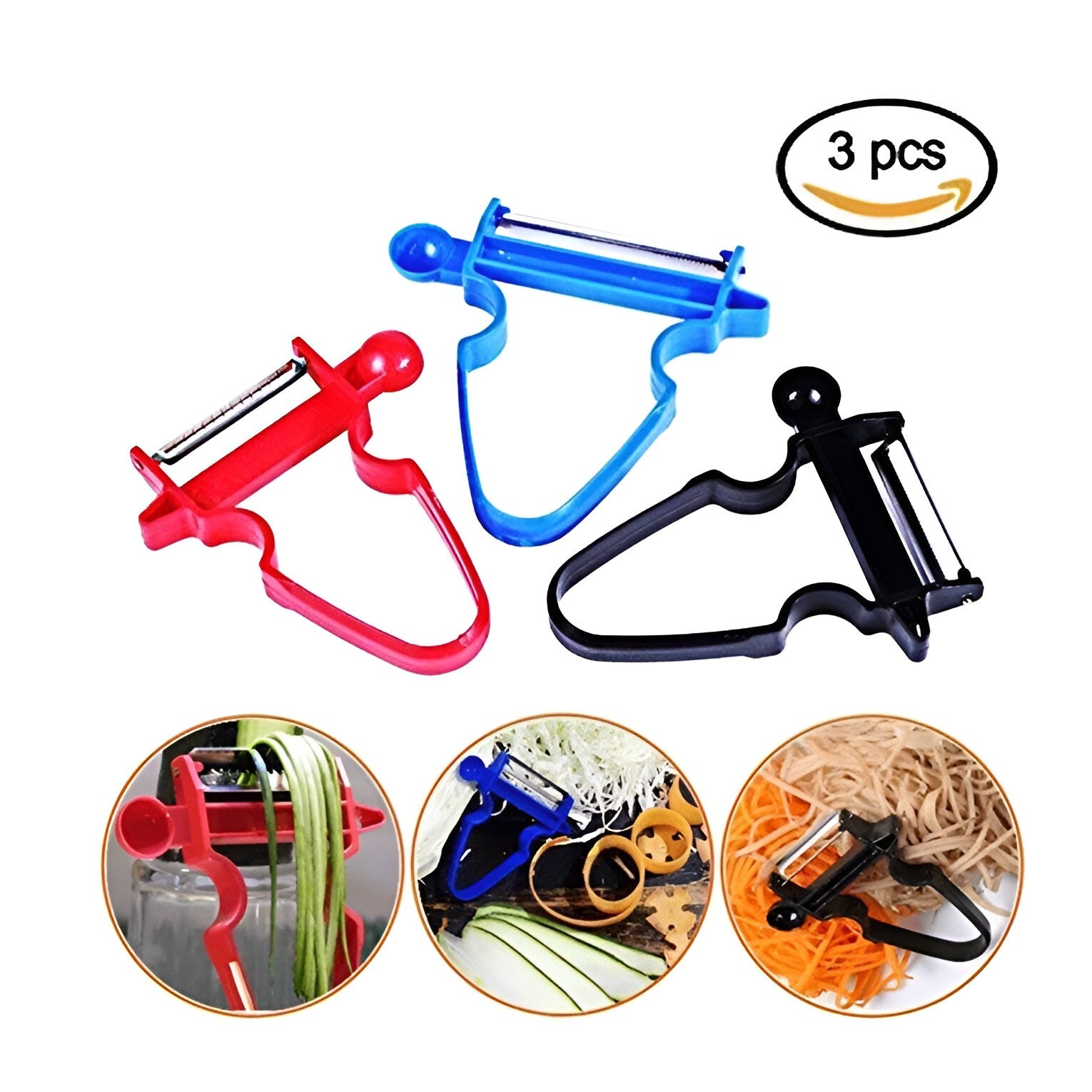 Set 3 Accesorii de Decojire, Razuire si Feliere, pentru Legume si Fructe, Negru-Rosu-Albastru
