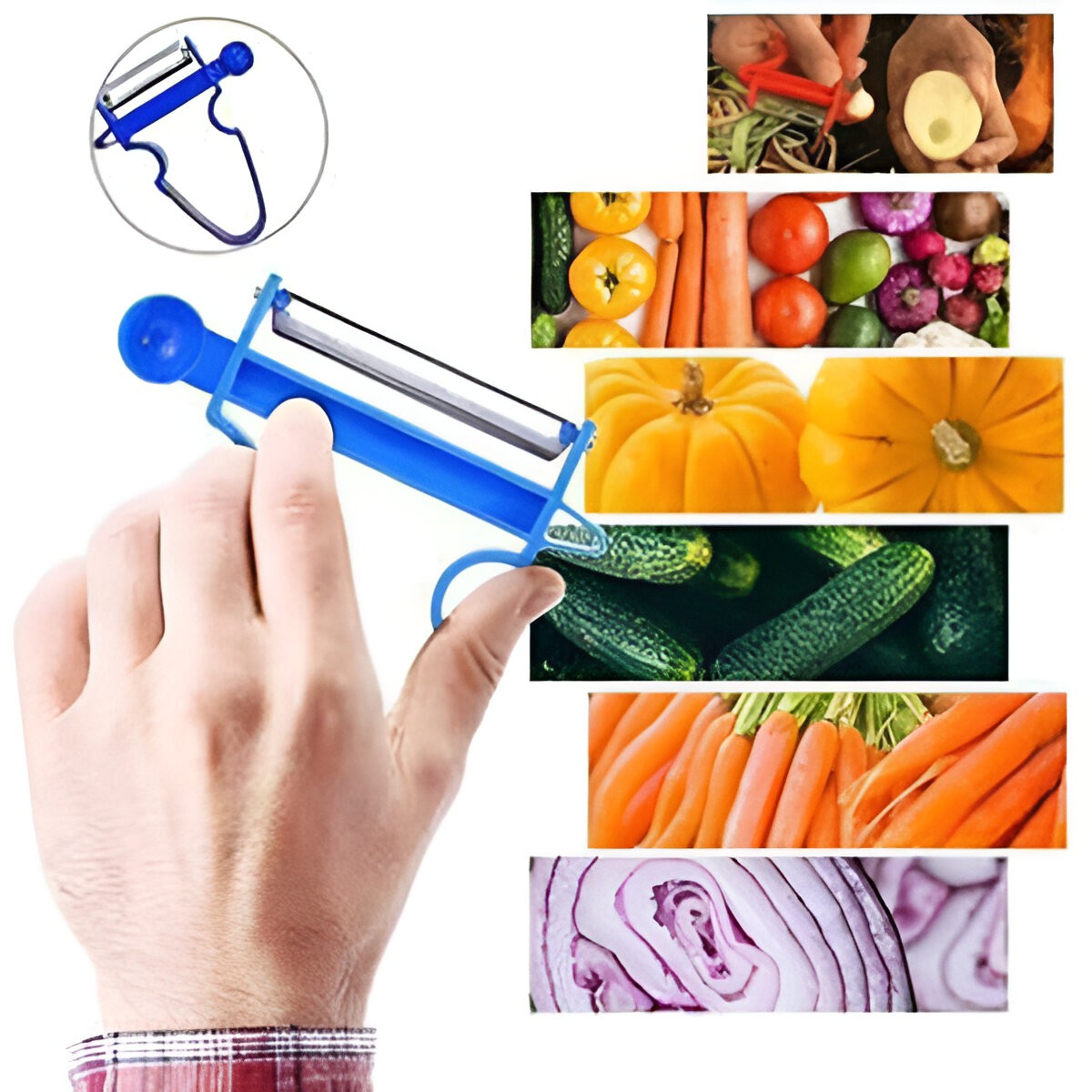 Set 3 Accesorii de Decojire, Razuire si Feliere, pentru Legume si Fructe, Negru-Rosu-Albastru