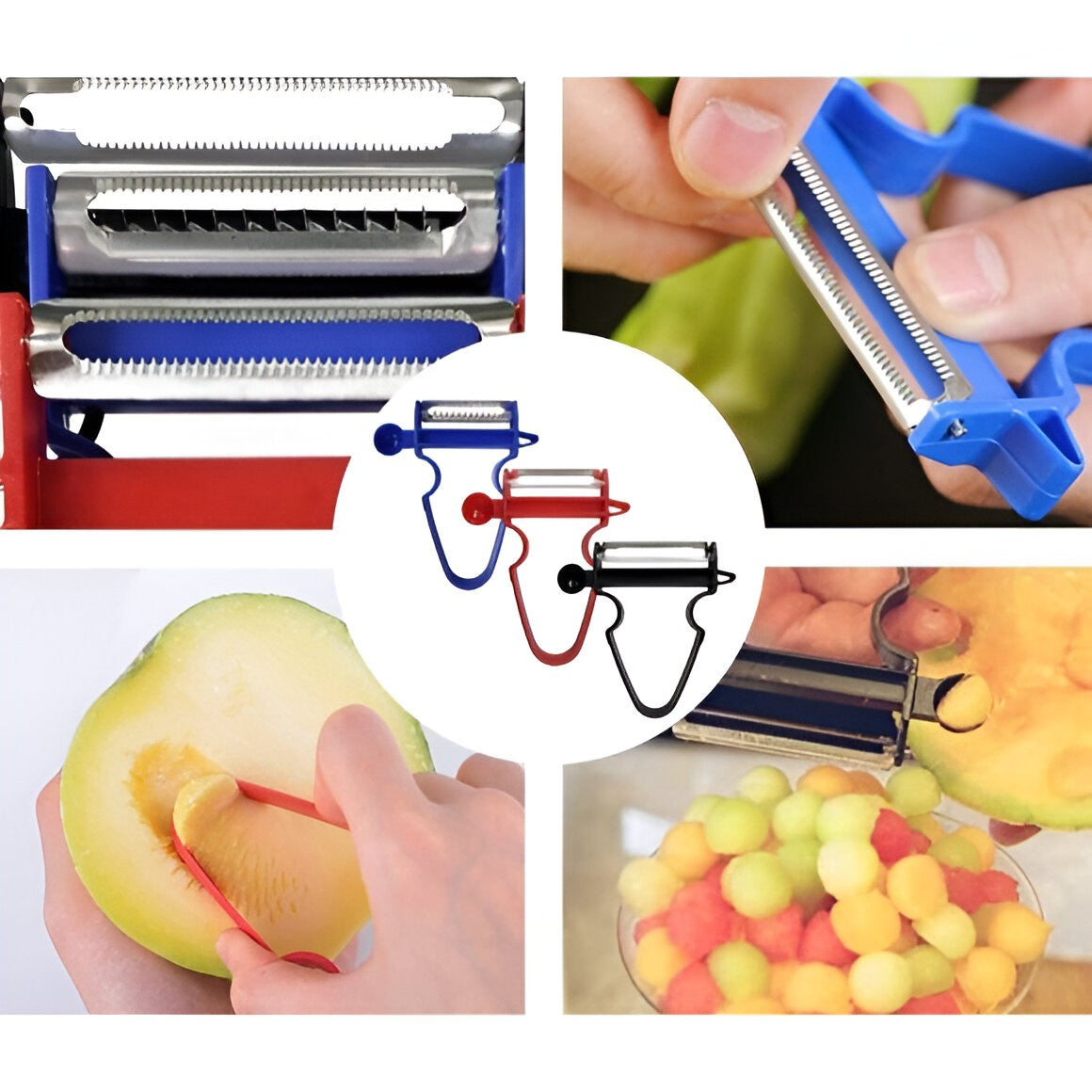 Set 3 Accesorii de Decojire, Razuire si Feliere, pentru Legume si Fructe, Negru-Rosu-Albastru