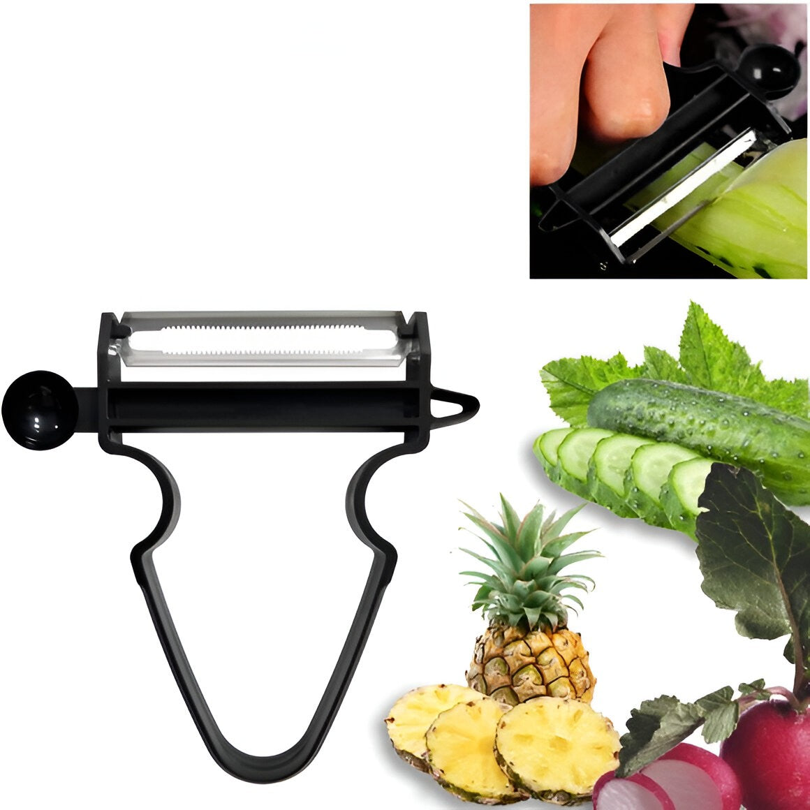 Set 3 Accesorii de Decojire, Razuire si Feliere, pentru Legume si Fructe, Negru-Rosu-Albastru