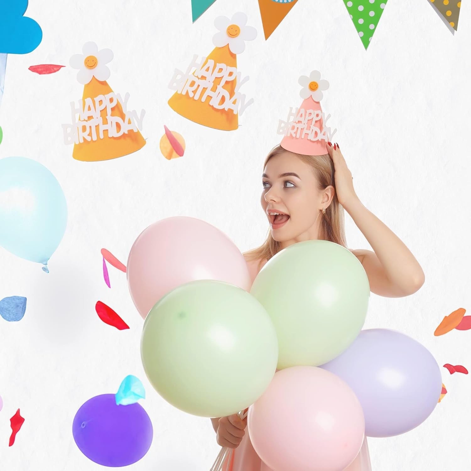 Set 3 Coifuri Happy Birthday, pentru Petrecere, Tematica Aniversare, cu Floare din Spuma, Multicolor