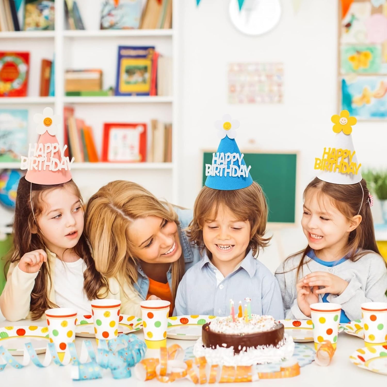 Set 3 Coifuri Happy Birthday, pentru Petrecere, Tematica Aniversare, cu Floare din Spuma, Multicolor