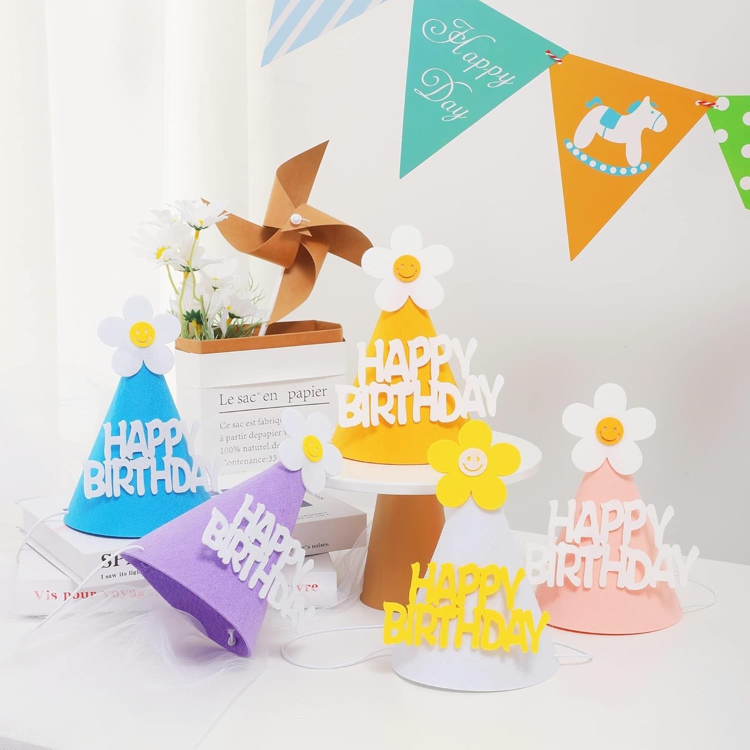 Set 3 Coifuri Happy Birthday, pentru Petrecere, Tematica Aniversare, cu Floare din Spuma, Multicolor