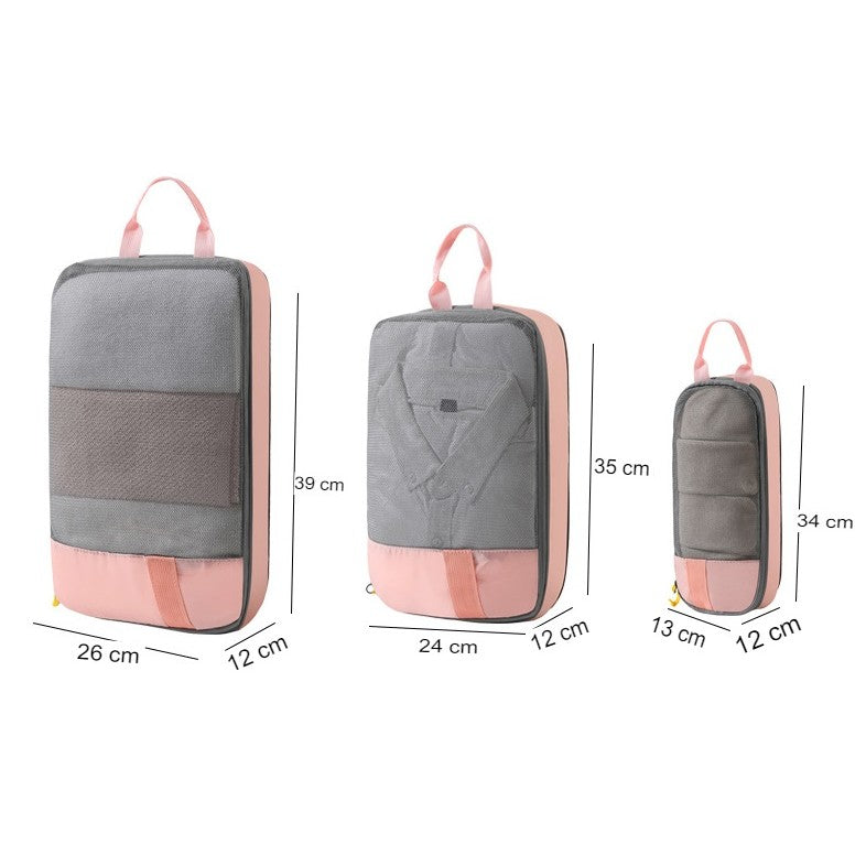 Set 3 Genti de Calatorie Pentru Depozitare, Compresibile, 3 Dimensiuni, Mic, Mediu, Mare, Impermeabile, Fermoar Dublu, Roz