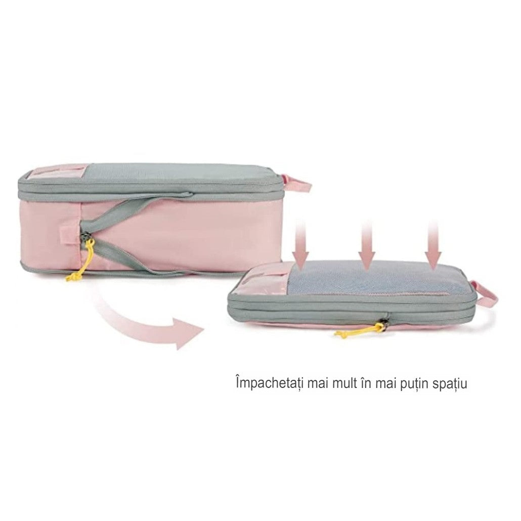 Set 3 Genti de Calatorie Pentru Depozitare, Compresibile, 3 Dimensiuni, Mic, Mediu, Mare, Impermeabile, Fermoar Dublu, Roz