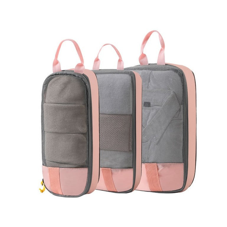 Set 3 Genti de Calatorie Pentru Depozitare, Compresibile, 3 Dimensiuni, Mic, Mediu, Mare, Impermeabile, Fermoar Dublu, Roz