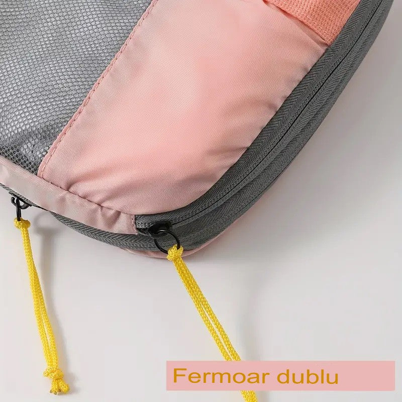 Set 3 Genti de Calatorie Pentru Depozitare, Compresibile, 3 Dimensiuni, Mic, Mediu, Mare, Impermeabile, Fermoar Dublu, Roz