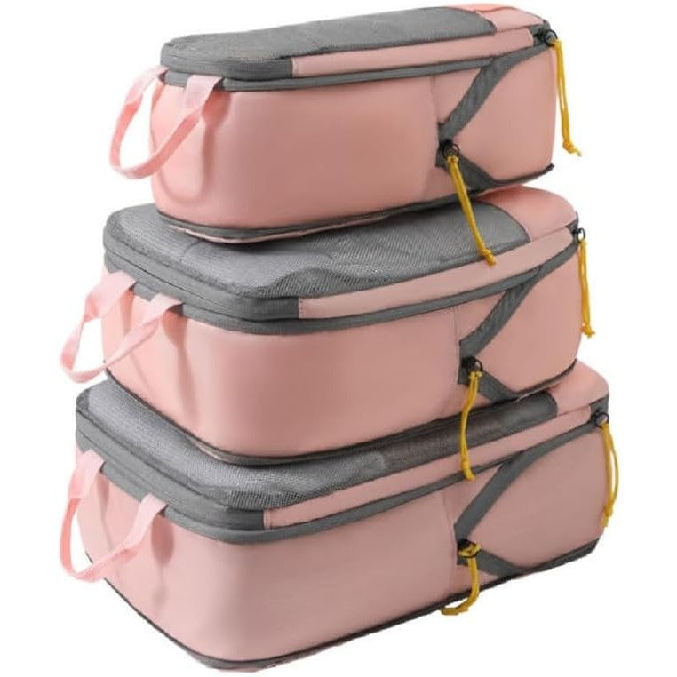 Set 3 Genti de Calatorie Pentru Depozitare, Compresibile, 3 Dimensiuni, Mic, Mediu, Mare, Impermeabile, Fermoar Dublu, Roz