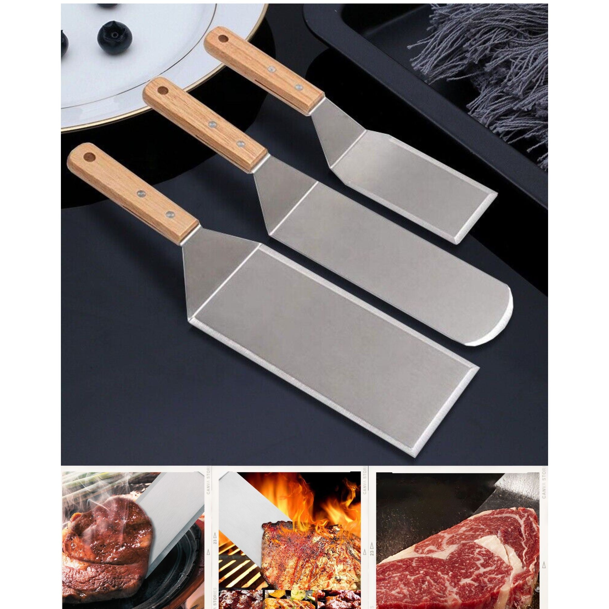 Set 3 spatule pentru gratar din metal, margini subtiri, suprafata antiaderenta, rezistente la temperaturi ridicate, maner ergonomic din lemn, 3 forme, agatatoare, gri