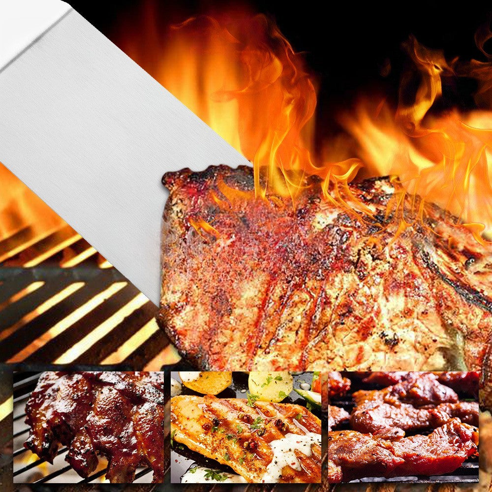 Set 3 spatule pentru gratar din metal, margini subtiri, suprafata antiaderenta, rezistente la temperaturi ridicate, maner ergonomic din lemn, 3 forme, agatatoare, gri