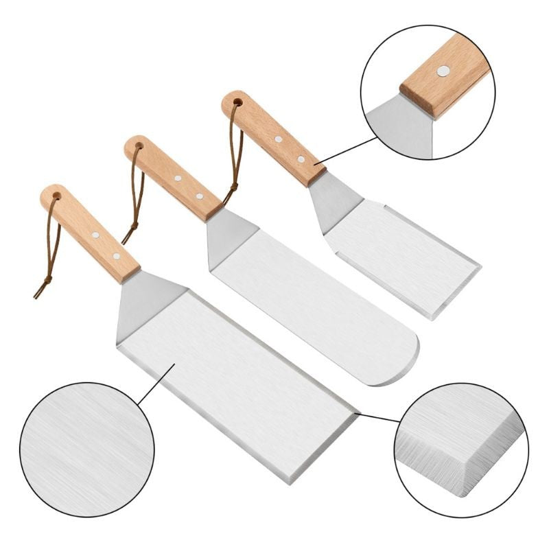 Set 3 spatule pentru gratar din metal, margini subtiri, suprafata antiaderenta, rezistente la temperaturi ridicate, maner ergonomic din lemn, 3 forme, agatatoare, gri