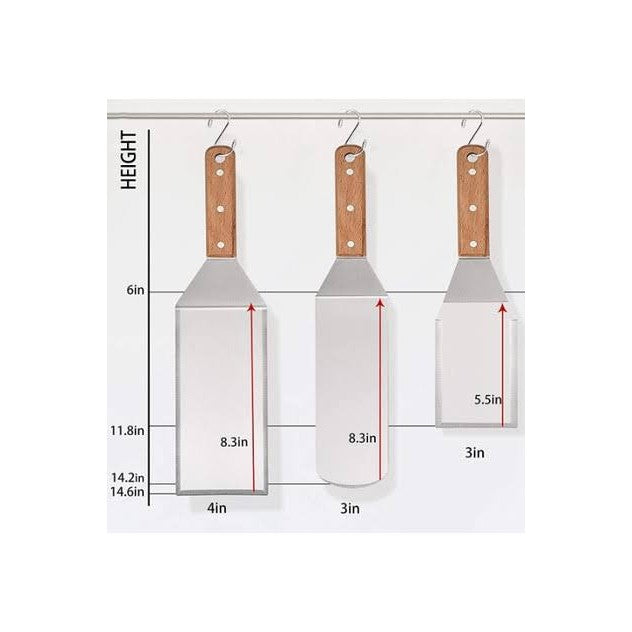 Set 3 spatule pentru gratar din metal, margini subtiri, suprafata antiaderenta, rezistente la temperaturi ridicate, maner ergonomic din lemn, 3 forme, agatatoare, gri