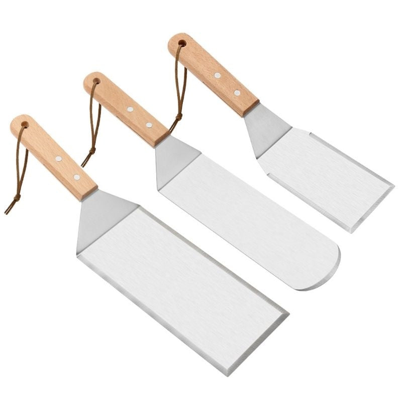 Set 3 spatule pentru gratar din metal, margini subtiri, suprafata antiaderenta, rezistente la temperaturi ridicate, maner ergonomic din lemn, 3 forme, agatatoare, gri