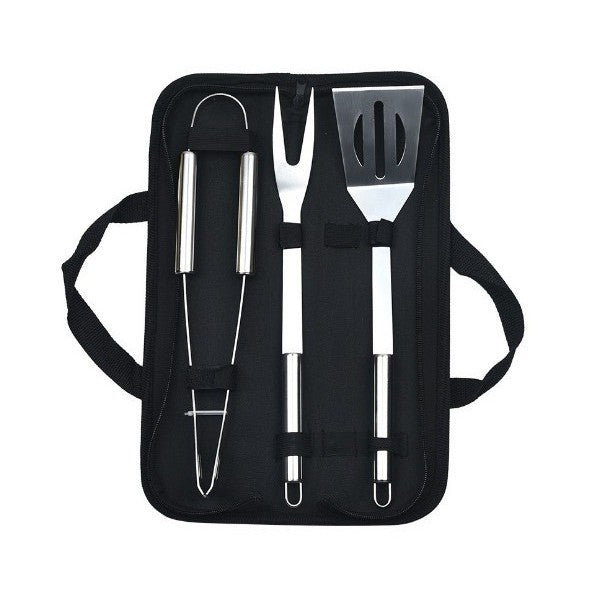 Set 3 Ustensile pentru Gratar, din Otel Inoxidabil, Geanta Oxford, Argintiu