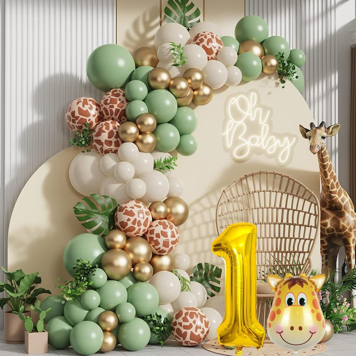 Set 30 Baloane Folie si Latex, Tematica Prima Aniversare, Baloane Latex 30cm, 25cm, Figurina Girafa 32x34 cm, Frunza Palmier 15 cm, Cifra 1 76 cm, Multicolor