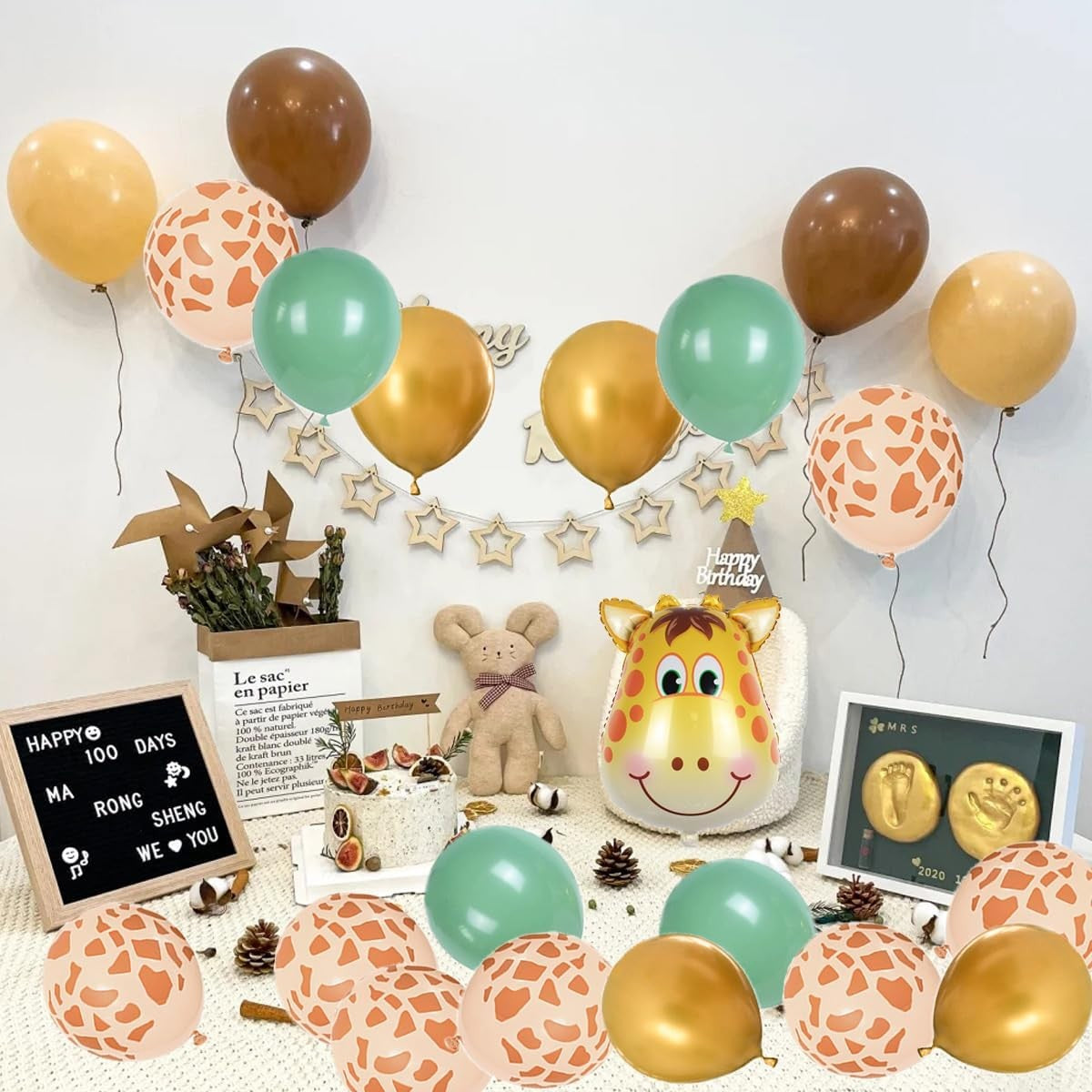 Set 30 Baloane Folie si Latex, Tematica Prima Aniversare, Baloane Latex 30cm, 25cm, Figurina Girafa 32x34 cm, Frunza Palmier 15 cm, Cifra 1 76 cm, Multicolor