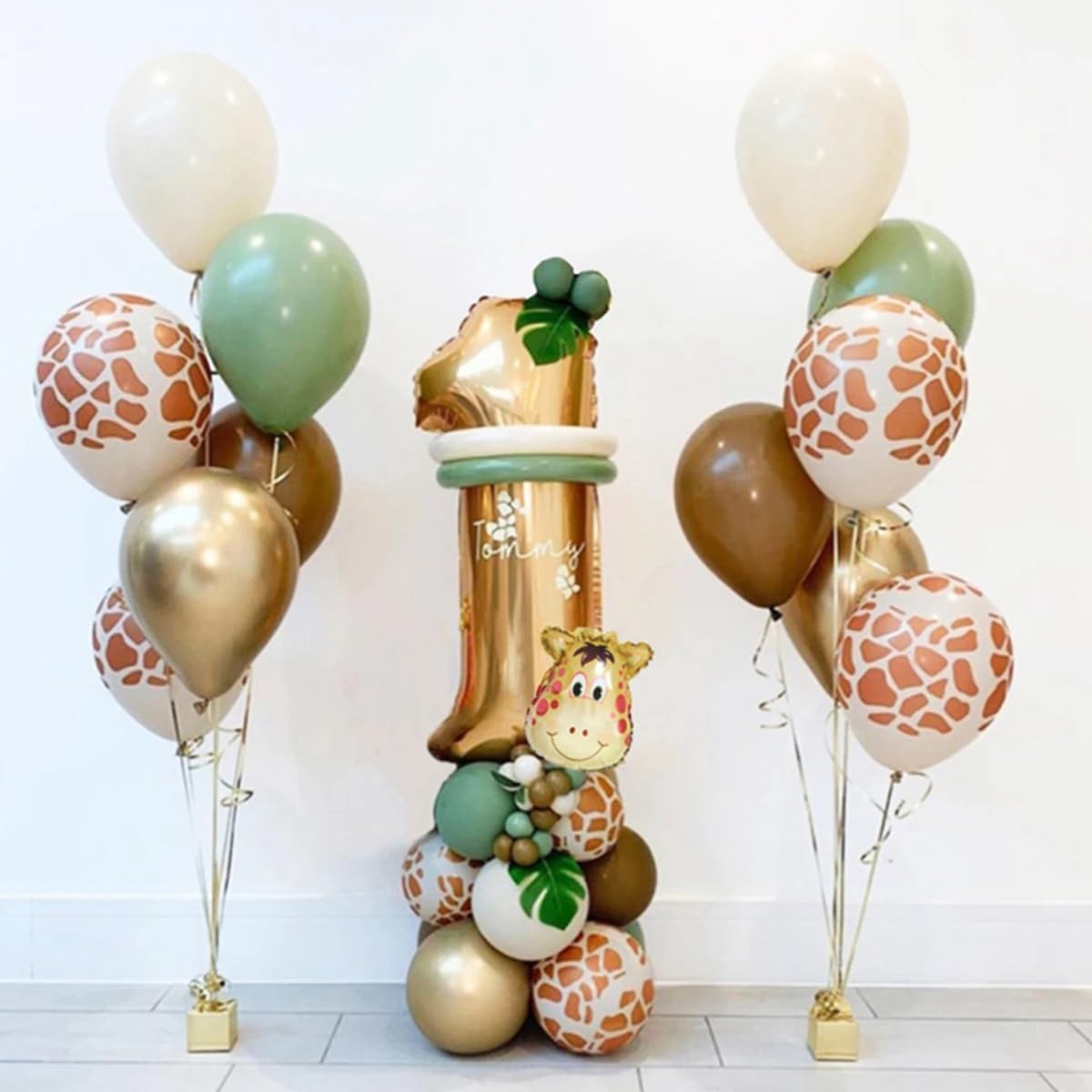 Set 30 Baloane Folie si Latex, Tematica Prima Aniversare, Baloane Latex 30cm, 25cm, Figurina Girafa 32x34 cm, Frunza Palmier 15 cm, Cifra 1 76 cm, Multicolor