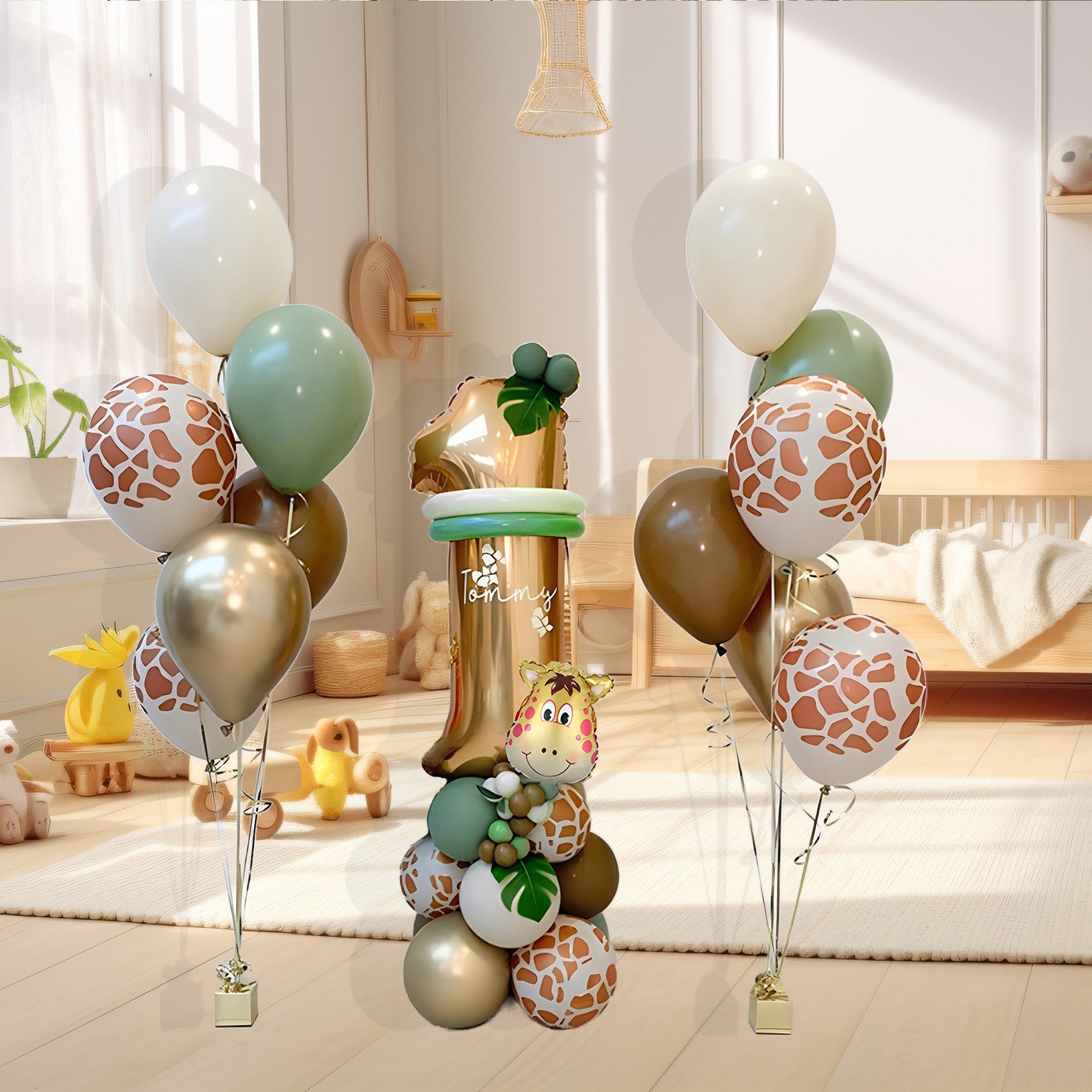 Set 30 Baloane Folie si Latex, Tematica Prima Aniversare, Baloane Latex 30cm, 25cm, Figurina Girafa 32x34 cm, Frunza Palmier 15 cm, Cifra 1 76 cm, Multicolor