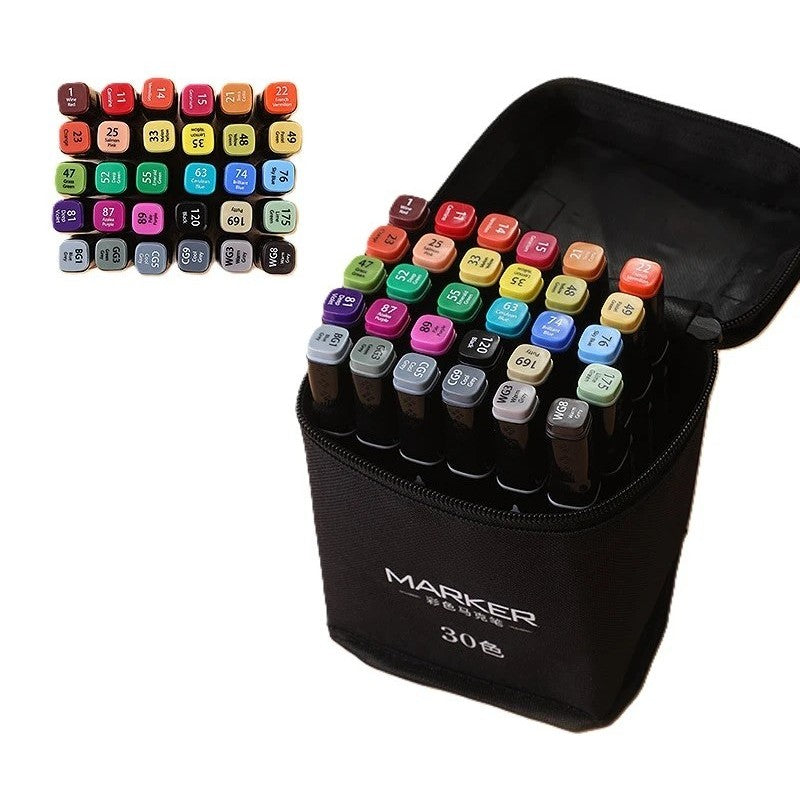 Set 30 Markere, pe Baza de Alcool, Dublu Capat, Subtire 1mm si Gros 6 mm, Geanta Depozitare, 15 cm, Multicolor