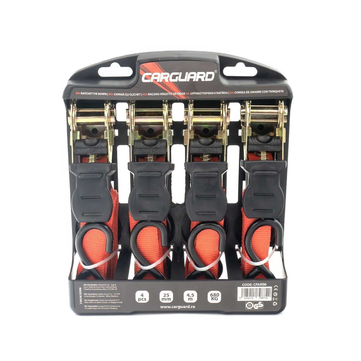 Set 4 chingi cu clichet Carguard – 25 mm × 4.5 m – 680 kg