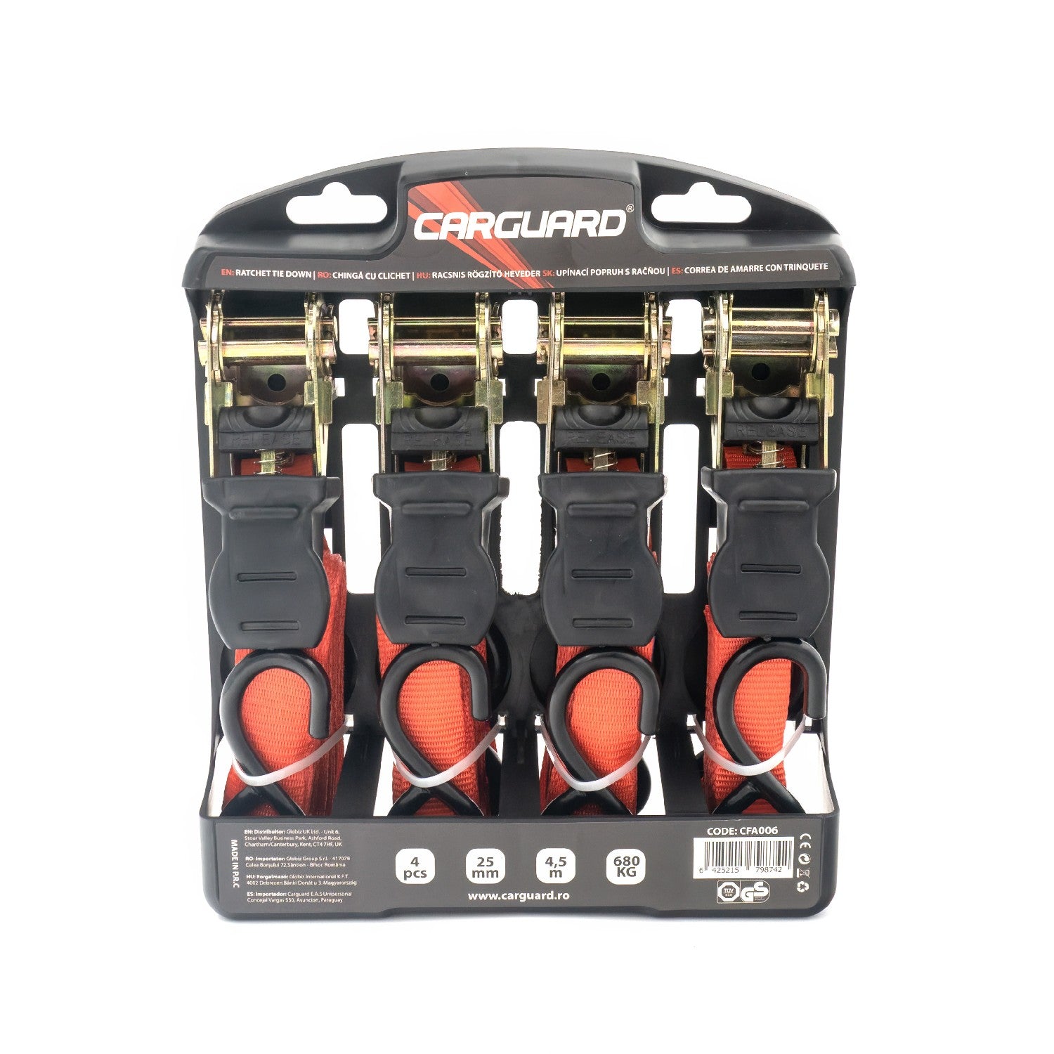 Set 4 chingi cu clichet Carguard – 25 mm × 4.5 m – 680 kg