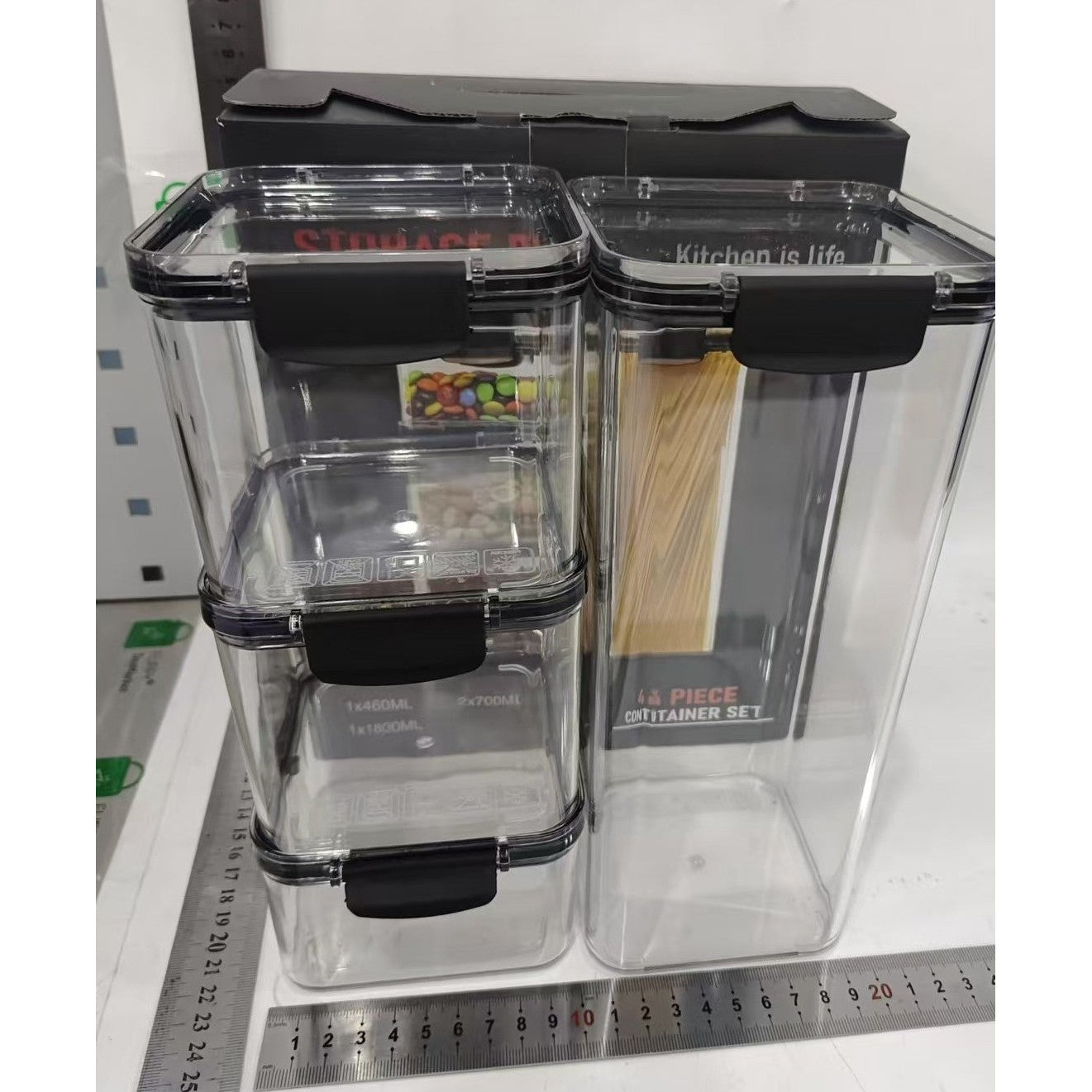 Set 4 Recipiente din Plastic, pentru Alimente/Obiecte, Inchidere Ermetica, 1 x 460 ml, 2 x 700 ml, 1 x 1300 ml, Transparent