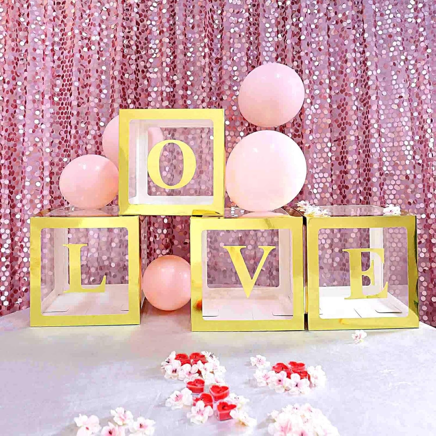 Set 4 Cutii pentru Baloane, Model Simplu, Tematica Aniversare, Cuburi Decorative din Plastic, Accesorii pentru Petrecere, 30 x30 cm