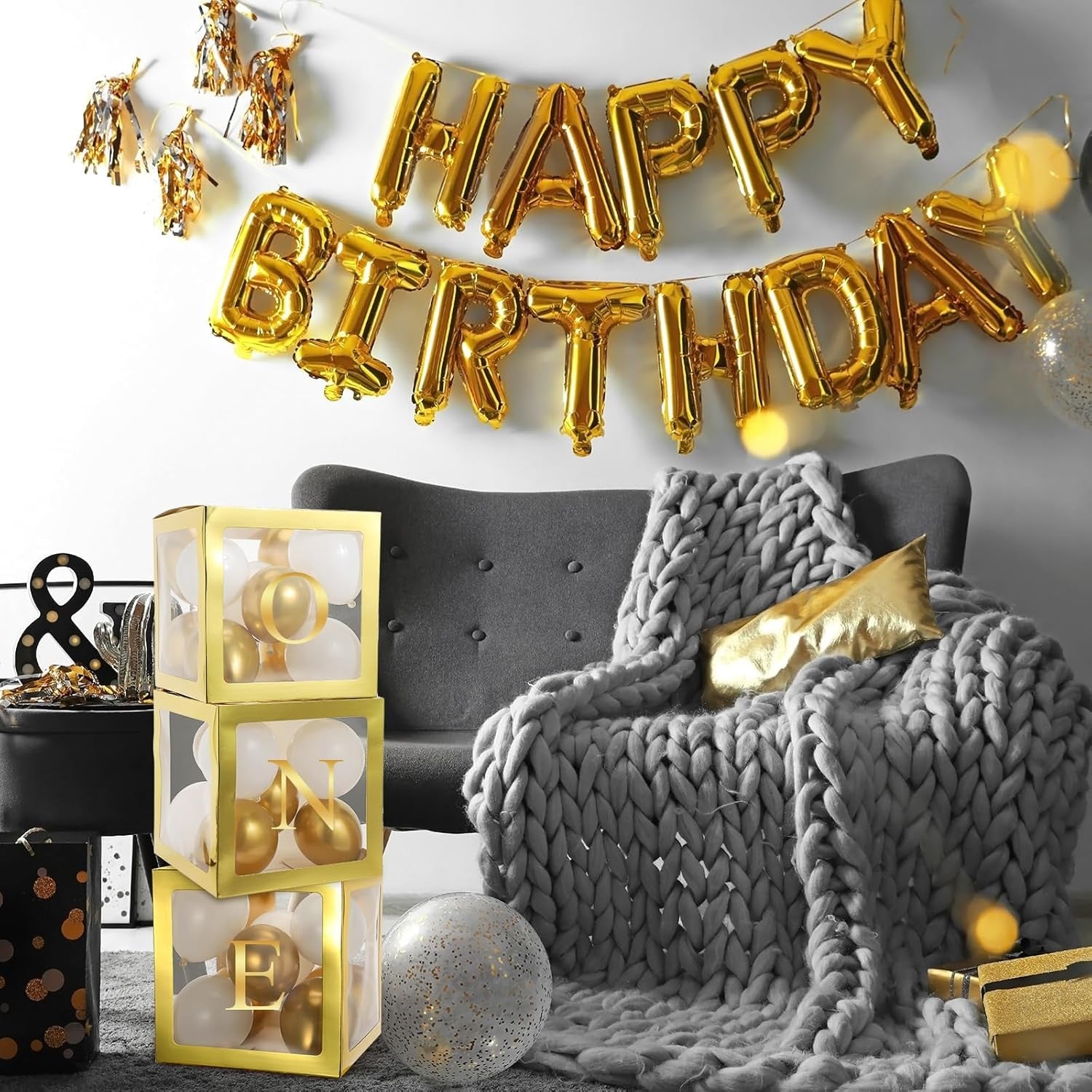 Set 4 Cutii pentru Baloane, Model Simplu, Tematica Aniversare, Cuburi Decorative din Plastic, Accesorii pentru Petrecere, 30 x30 cm