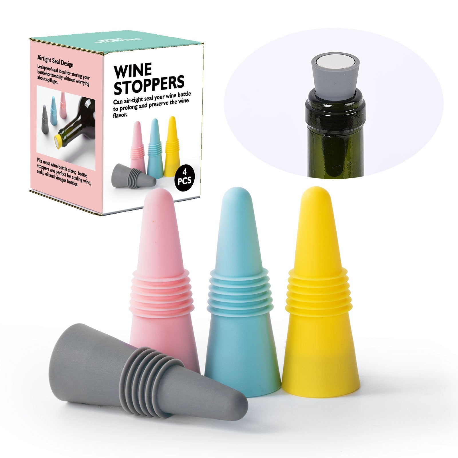 Set 4 dopuri reutilizabile din silicon pentru sticle de vin, bautura, multicolor