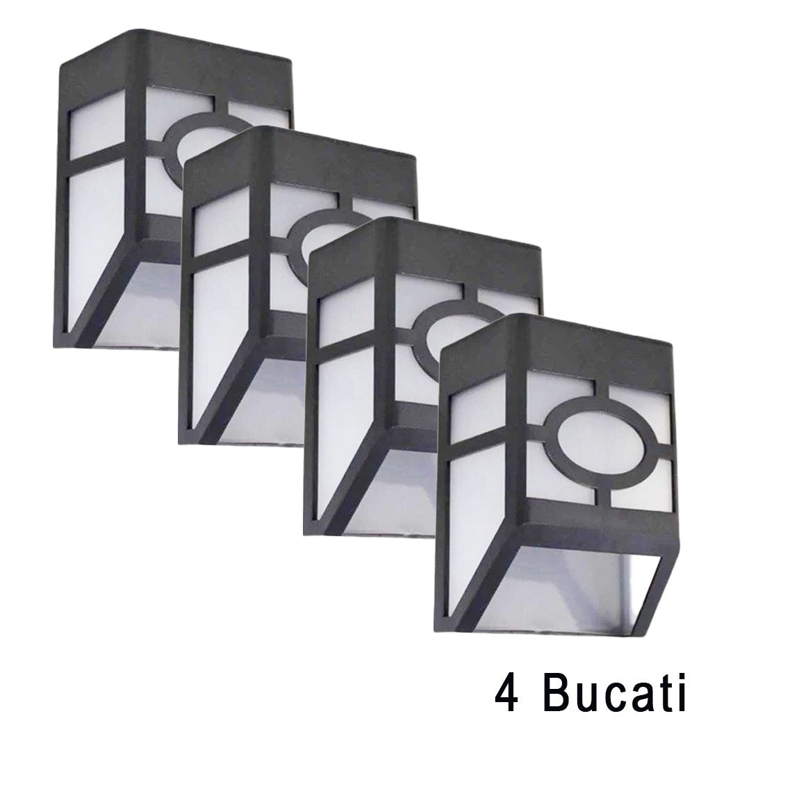 Set 4 Lampi Solare Led pentru Gradina, Model Geometric, 11.8 x 8.6 x 5 cm, Buton On-Off, Alb Cald, Negru/Alb