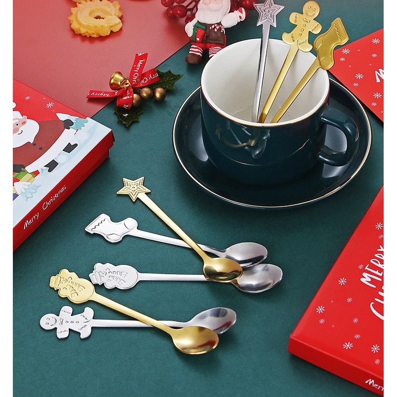 Set 4 Lingurite, Tema Craciun, din Otel Inoxidabil, 4 Modele Festive, Cutie Cadou, 14 x 14 x 2.5 cm, Auriu