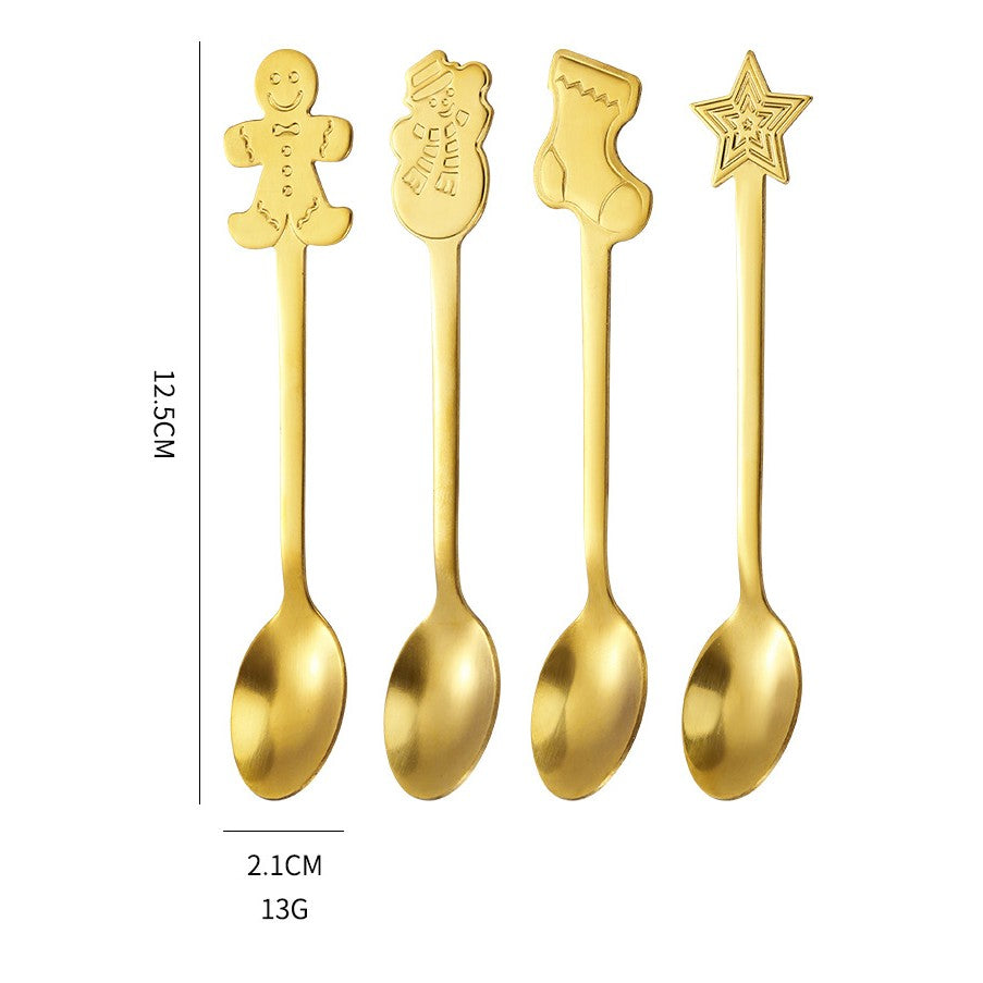 Set 4 Lingurite, Tema Craciun, din Otel Inoxidabil, 4 Modele Festive, Cutie Cadou, 14 x 14 x 2.5 cm, Auriu