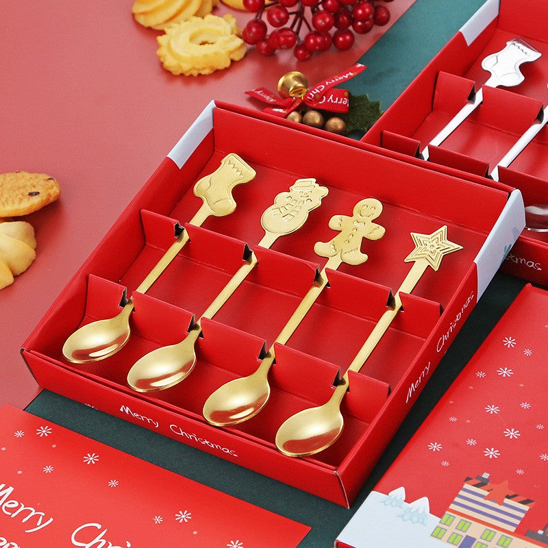 Set 4 Lingurite, Tema Craciun, din Otel Inoxidabil, 4 Modele Festive, Cutie Cadou, 14 x 14 x 2.5 cm, Auriu