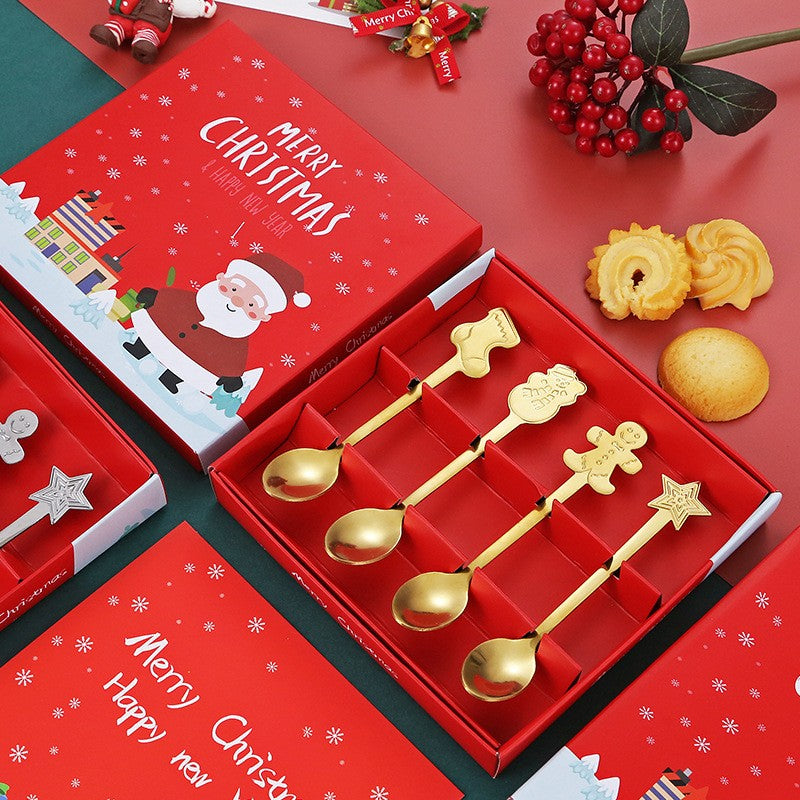Set 4 Lingurite, Tema Craciun, din Otel Inoxidabil, 4 Modele Festive, Cutie Cadou, 14 x 14 x 2.5 cm, Auriu