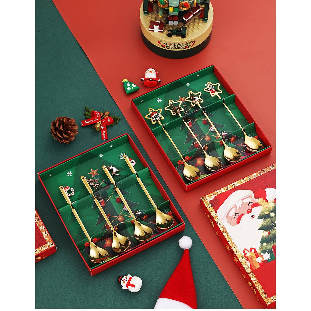 Set 4 Lingurite, Tema Craciun, Model Carry The Merry, 4 Modele Tip Pandantiv, din Otel Inoxidabil, 19 x 16 x 2 cm, Multicolor