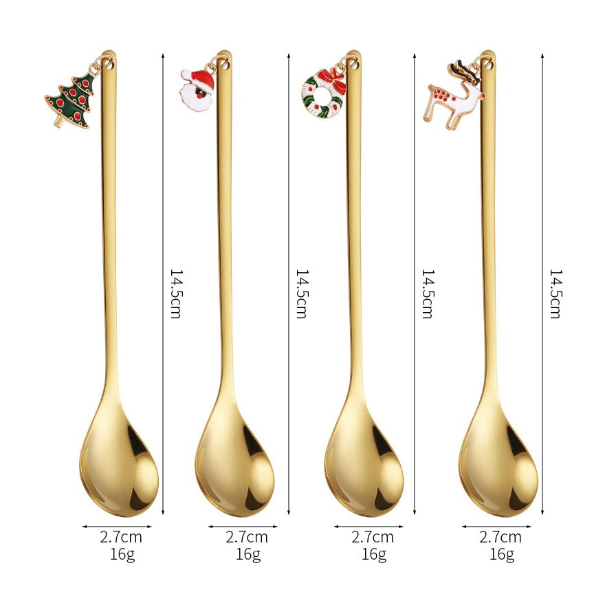 Set 4 Lingurite, Tema Craciun, Model Carry The Merry, 4 Modele Tip Pandantiv, din Otel Inoxidabil, 19 x 16 x 2 cm, Multicolor