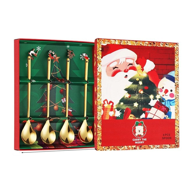Set 4 Lingurite, Tema Craciun, Model Carry The Merry, 4 Modele Tip Pandantiv, din Otel Inoxidabil, 19 x 16 x 2 cm, Multicolor