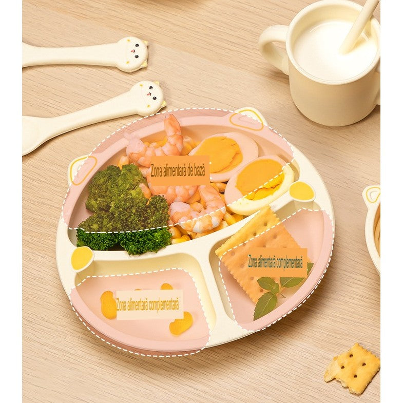 Set 4 Piese Hranire Bebelusi si Copii, Flippy, din Silicon, fara BPA, de la 12 Luni, Model Pisicuta, 28 x 26 x 2 cm, Bej