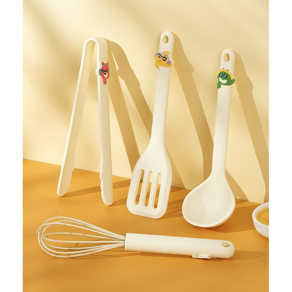 Set 4 Ustensile de Bucatarie, pentru Copii, din Silicon, Termorezistente, Design Animat, 13 x 24 x 5 cm, Bej