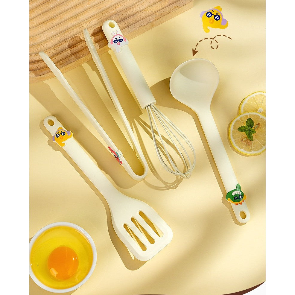 Set 4 Ustensile de Bucatarie, pentru Copii, din Silicon, Termorezistente, Design Animat, 13 x 24 x 5 cm, Bej