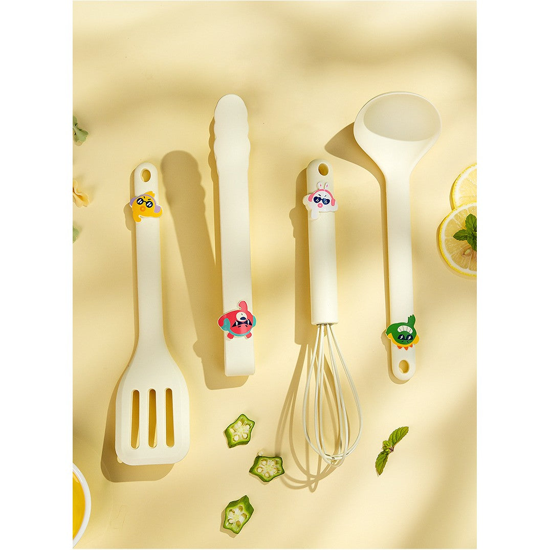 Set 4 Ustensile de Bucatarie, pentru Copii, din Silicon, Termorezistente, Design Animat, 13 x 24 x 5 cm, Bej