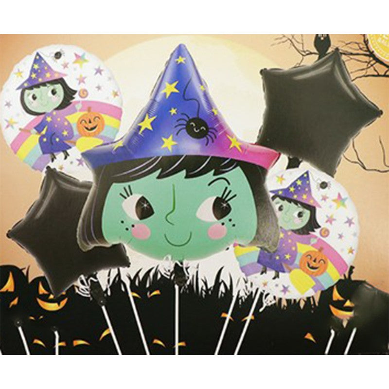 Baloane Halloween, set din 5 Baloane, 1 Little Witch Halloween, 2 stele negre, 2 baloane rotunde multicolore, din folie de aluminiu, 30- 40 cm, pai de carton inclus, Multicolor