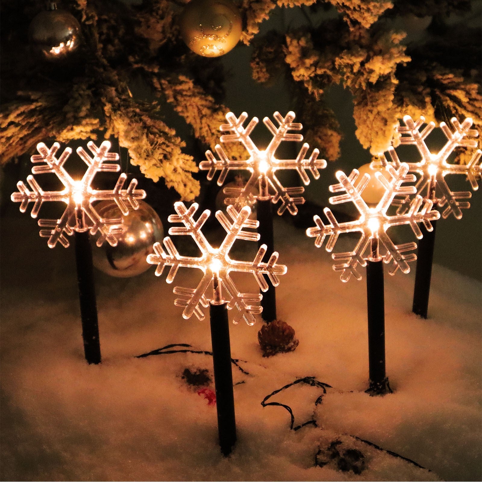 Set 5 Lampi LED cu baterii, de exterior Model Fulg de nea, pentru gradina, 35.5 cm, Alb Cald