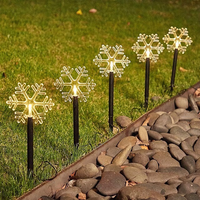 Set 5 Lampi LED cu baterii, de exterior Model Fulg de nea, pentru gradina, 35.5 cm, Alb Cald